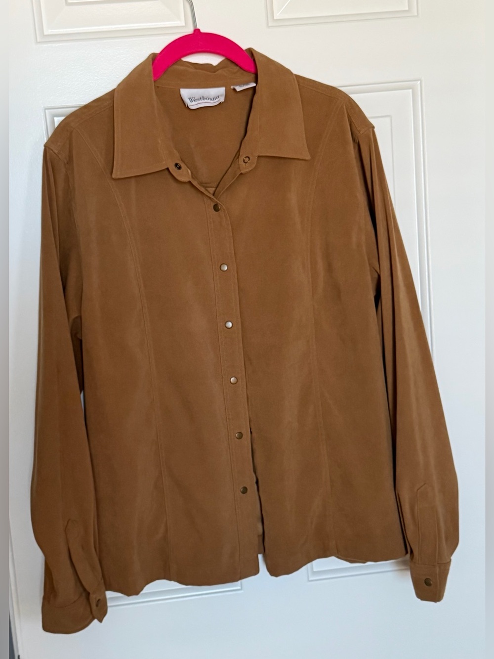 Faux Suede Snap Button Shirt in Caramel Brown